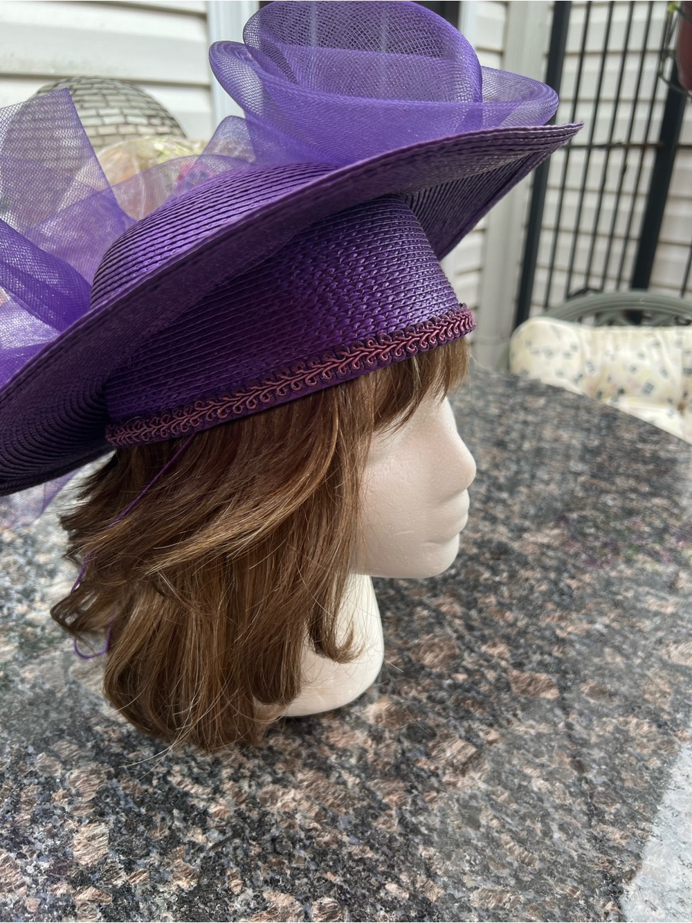 Vtg Skullcap Purple Sequin Netting  Formal Church Hat Brim 13”Head dim 7.5”